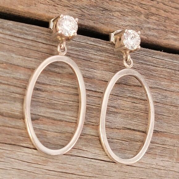 Sterling Silver CZ Post Oval Hoop Drop Earrings - Picture 2 of 6